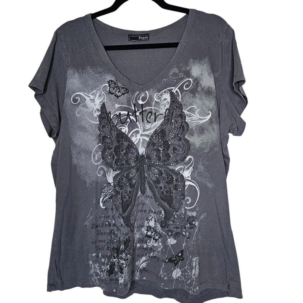 ⭐️Y2K Ragzzz Large Grey Fitted Short Sleeve Tee Butterfly Graphic With Glitte